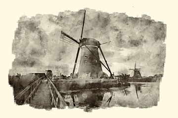 Watercolour mills Kinderdijk by Peter Bolman