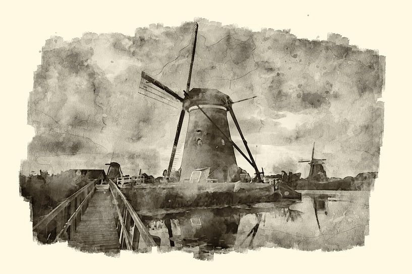 Aquarell mühlen Kinderdijk von Peter Bolman