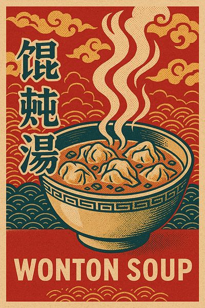 Retro Wonton Soep Poster - Vintage Chinese Keuken Print van Travel Shop