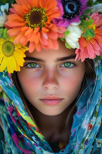 Meisje met kleurrijke bloemenkroon