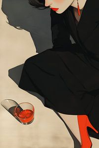 Die Frau in Schwarz mit einem Hauch von roter Eleganz
