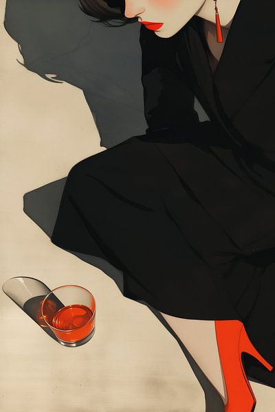 The Woman in Black with a Touch of Red Elegance by Color Square