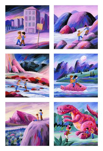 De ontdekkingsreizigers - collage van 6 illustraties.