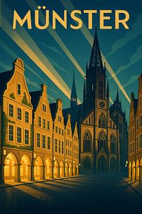 Münster Poster - Historischer Dom und Prinzipalmarkt im Art Deco Stil