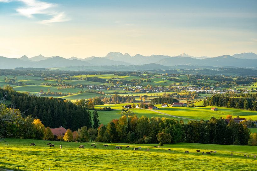 Uitzicht over de Allgäu naar de Allgäuer Alpen en de Gaishorn in het Tannheim gebergte van Leo Schindzielorz