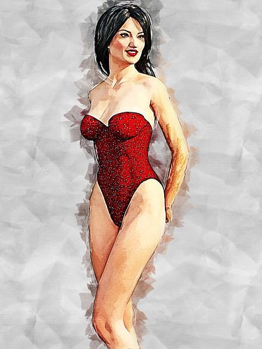 Pin-up in a red bathing suit (sketch, art)