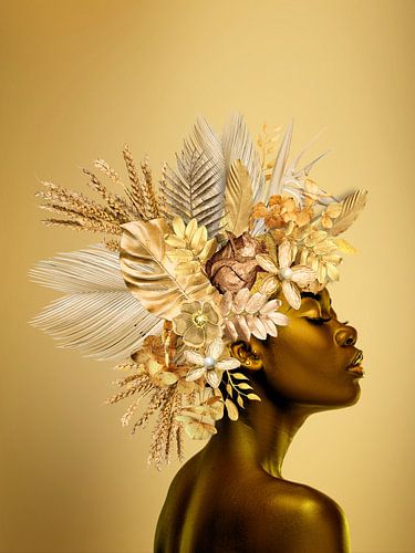 Portrait floral Noir &amp ; Or sur fond or - Portrait-04 sur Nancy Bastiaansen