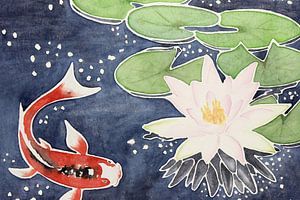 Rode koi karper met lotusbloem (aquarel schilderij bloemen dieren vissen yoga boeddhisme vijver mooi van Natalie Bruns