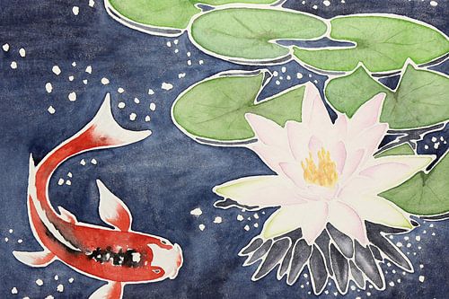 Red koi carp with lotus flower (watercolor painting flowers animals fish yoga buddhism pond beautifu