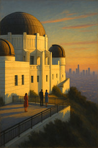 Blick auf die Skyline von Los Angeles: Figuren auf der Terrasse des Observatoriums