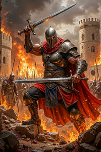 Dark Fantasy Wandbild: VALKRADOR – Der mächtige Krieger in der eroberten Burg