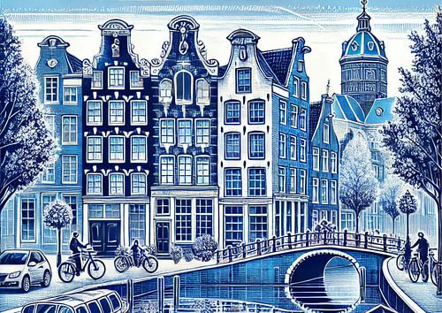 Amsterdam gracht tafereel delfts blauw van Jaap Ros
