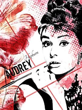 Happy Hepburn | Portret van Audrey Hepburn in de kleuren rood, roze, wit en zwart van Wil Vervenne