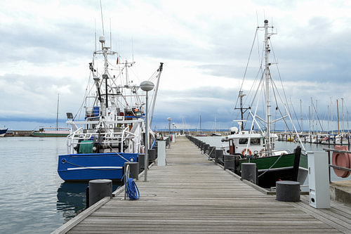 Fischerboote an der hölzernen Anlegestelle im Hafen von Sassnitz auf der Insel Rügen in der Ostsee v