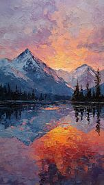 Die Spiegelung eines majestätischen, schneebedeckten Bergsees bei Sonnenuntergang von Artistic