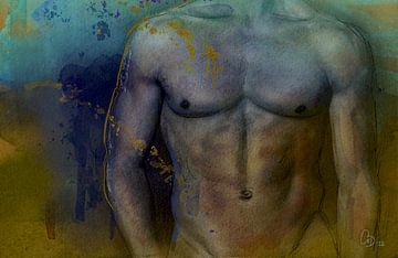 Sexy Mann in Gold und Blau (Nackter Oberkörper) von CvD Art - Kunst voor jou