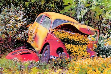 Kleurrijke VW met bloemen van Marly De Kok