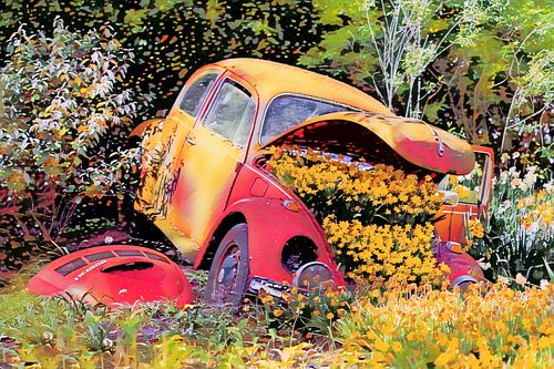 Kleurrijke VW met bloemen