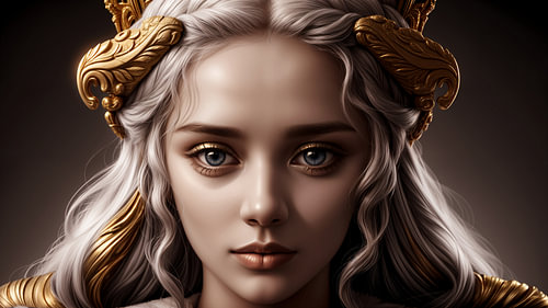 Queen of Thrones – Mystiek Vrouwenportret met Gouden Kroon en Grijs Haar | Fantasy Kunst