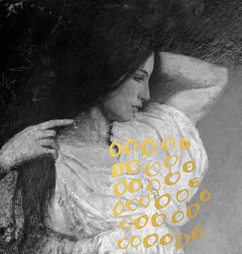 Vintage portret van een jonge vrouw in zwart-wit met goud. van Dina Dankers