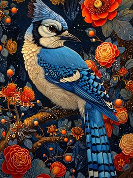 Oiseau geai bleu avec fleurs sur haroulita