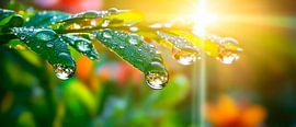 Water droplets on a leaf in sunlight by Poster Art Shop