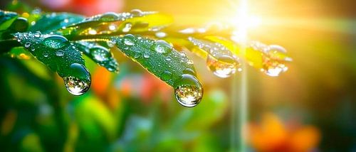 Waterdruppels op een blad in zonlicht
