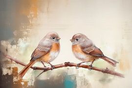 Aquarell von 2 Rotkehlchen auf einem Zweig