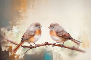 Aquarell von 2 Rotkehlchen auf einem Zweig