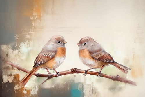 Natuurlijk Vogel Stilleven. Twee vogeltjes op een tak. Aardse tinten.