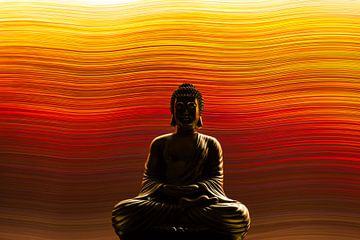 Buddha statue with background made with light effects resembling a sunset by Kasper van der Burgh