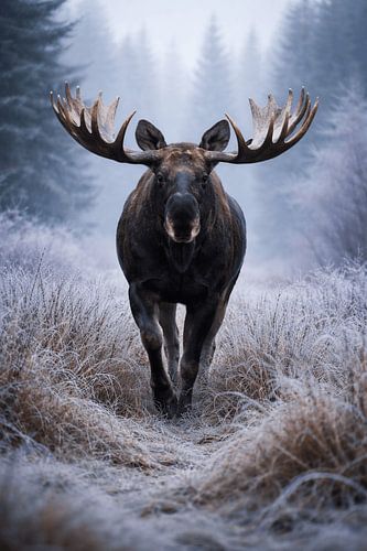Majestätischer Elch im nebligen Winterwald – eine beeindruckende Begegnung mit der wilden Natur