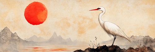 Rode zon en witte kraanvogel bij zonsopkomst Japandi panorama