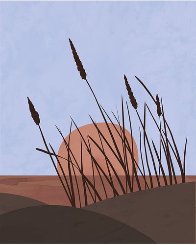 Minimalistisch zeegezicht met duinen bij zonsondergang