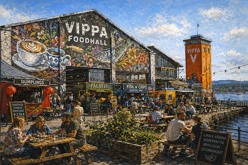 Schilderij van Vippa Foodhall in Oslo, Noorwegen.