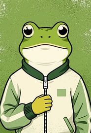 Wandbild: Lustiger grüner Frosch in College-Jacke – cooles Tierporträt
