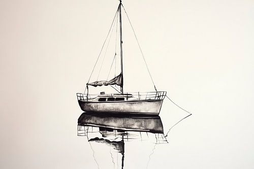 Zeilboot en weerspiegeling - zwart-wit