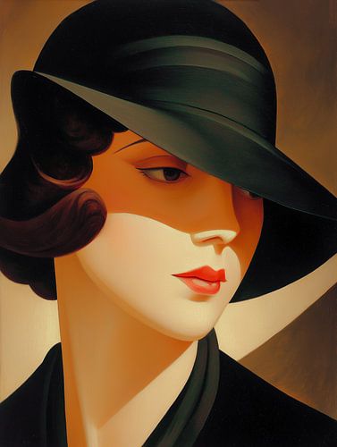Portrait Art déco d'une femme portant un chapeau