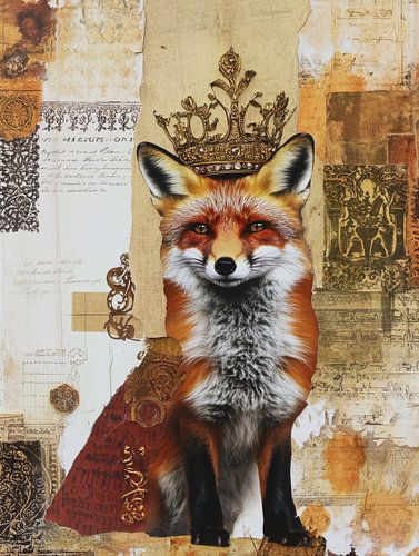 Surreal fox with golden crown in imaginative collage