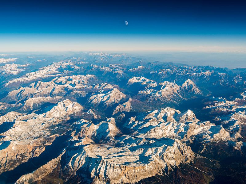 Aerial view at sunset with moon over the Dolomites by Denis Feiner