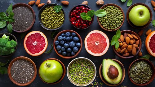 Gezond eten clean eating selectie: fruit, groente, zaden, superfood, granen, bladgroente op grijze kopieerruimte