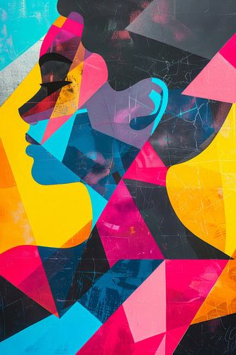 Abstract portret van een vrouw in kleurrijke geometrische vormen