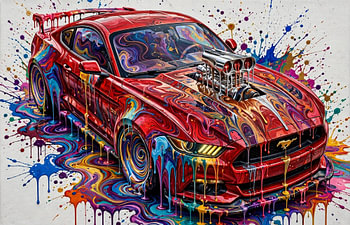 Muscle-Car mit lebhaften Farbspritzern – roter Ford Mustang