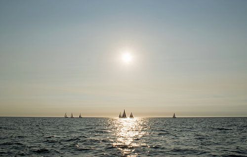 Sailing ships at sea in the late evening sun by Judith Cool