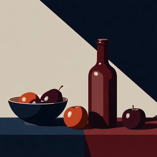 Geometrisches Stillleben mit Weinflasche und Obstschale Illustration