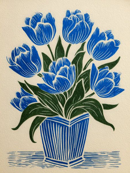 Hand-drawn blue tulips in striped vase in graphic style by But First Framing