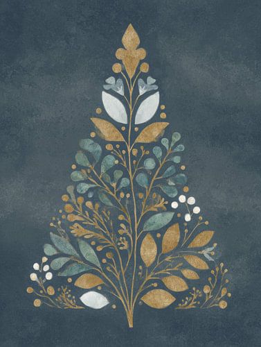 Arbre de Noël botanique stylisé en or et bleu avec des détails élégants