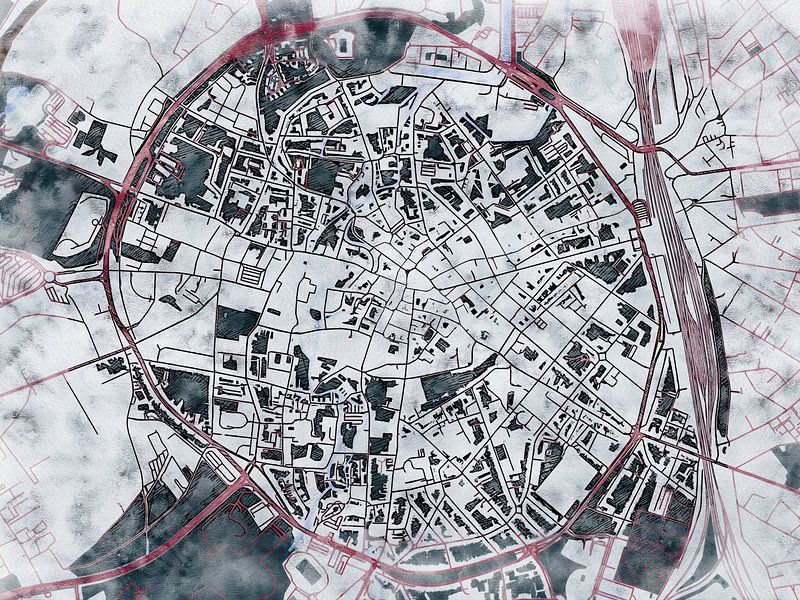 Map of Leuven centrum with the style 'White Winter' by Maporia