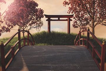 Japanse schrijn met rode torii poort en ronde houten brug van Besa Art