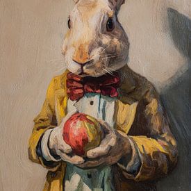 Paashaas met rood ei in klassiek portret van But First Framing